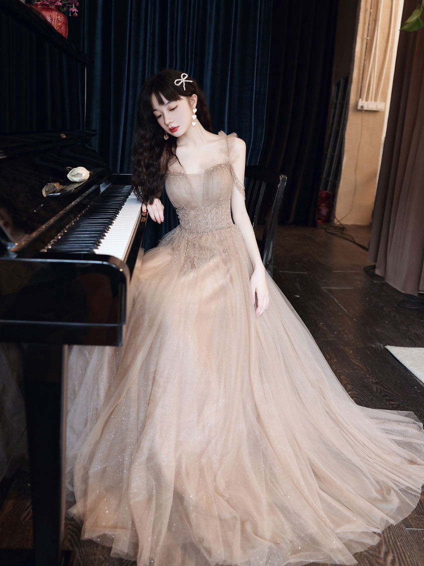 Champagne tulle beads A line long prom dress, champagne evening dress