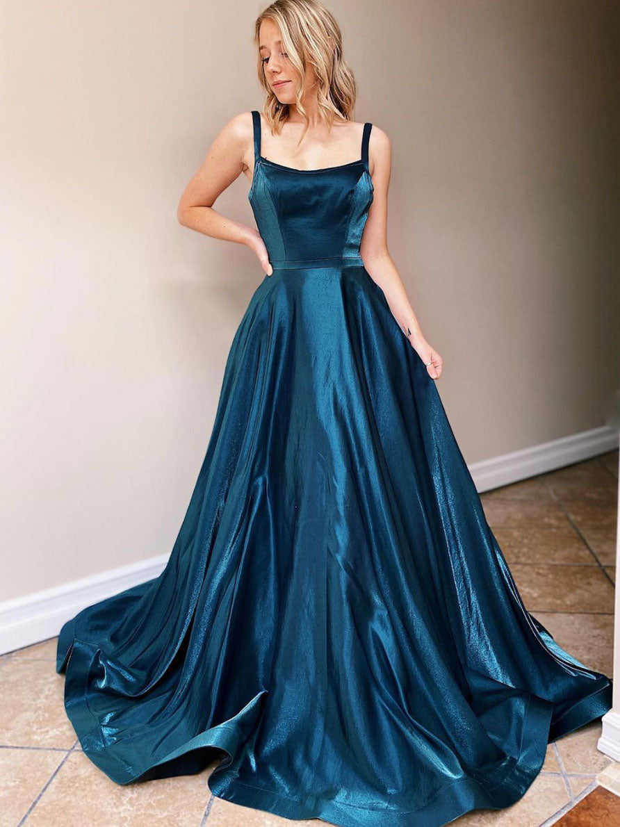 Simple backless satin blue long prom dress, blue evening dress