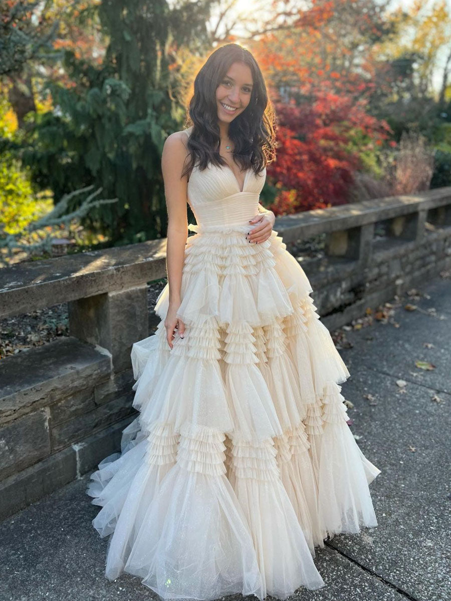 Champagne tulle long prom dress, champagne tulle formal dress dresstby Champagne tulle long prom dress, champagne tulle formal dress dresstby