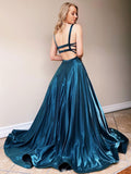 Simple backless satin blue long prom dress, blue evening dress