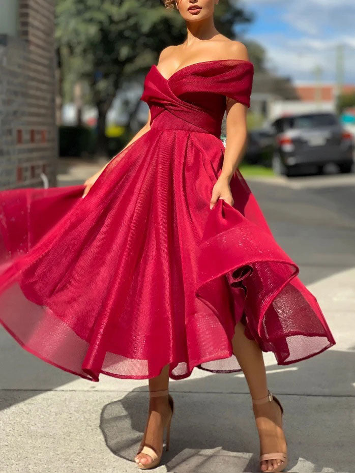 Simple burgundy tulle off shoulder prom dress, burgundy bridesmaid