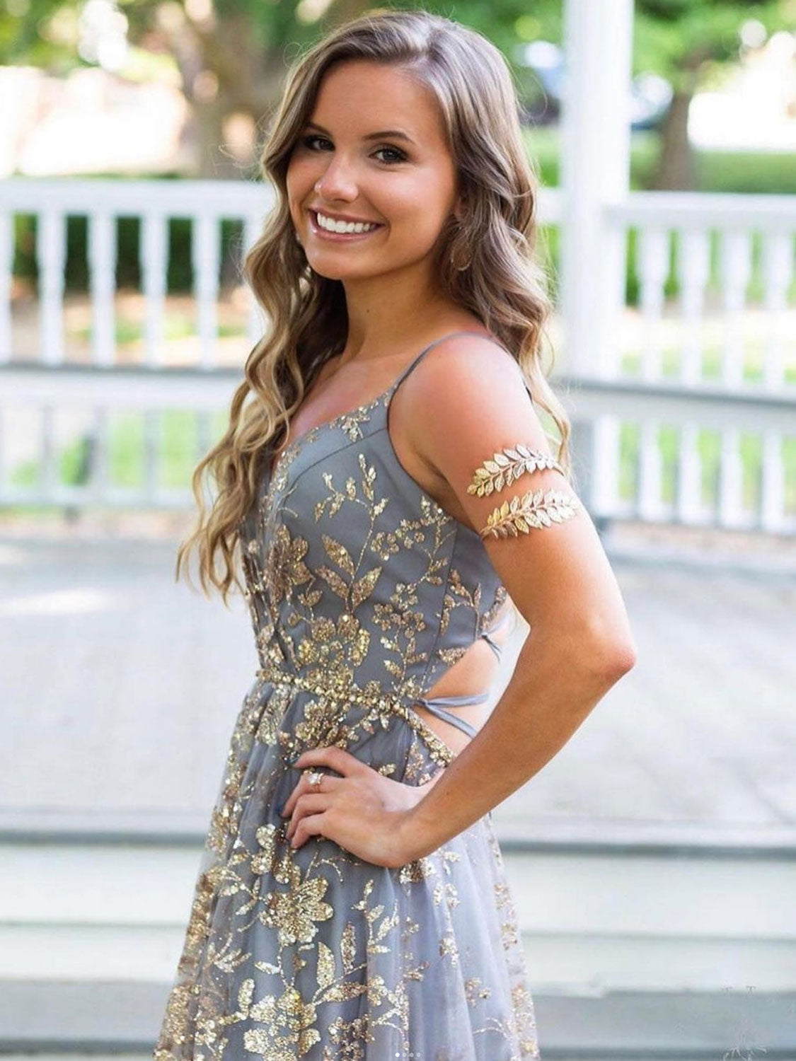 Unique v neck tulle sequin long prom dress, tulle evening dress