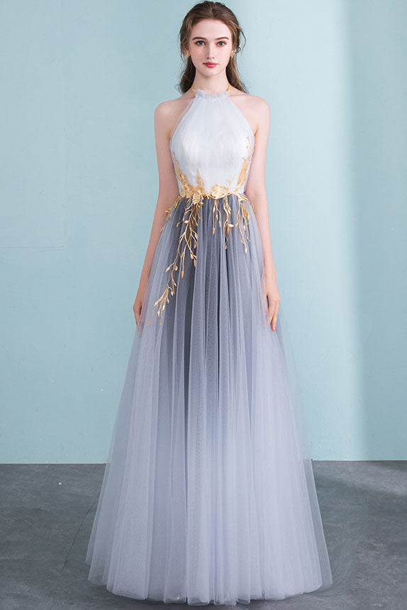 Gray high neck tulle long prom dress gray tulle formal dress