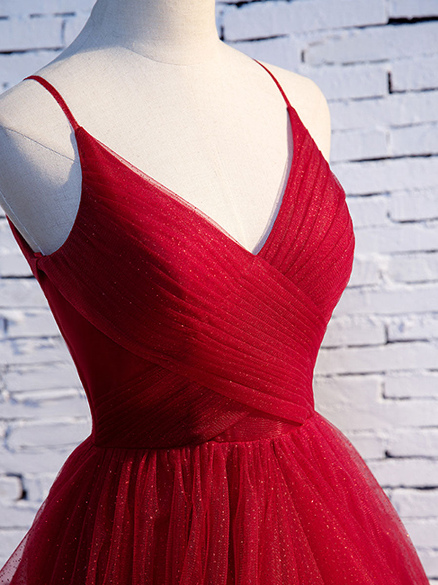 Burgundy v neck tulle long prom dress, burgundy evening dress