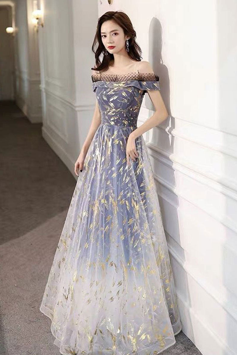 Blue tulle off shoulder long prom dress tulle formal dress