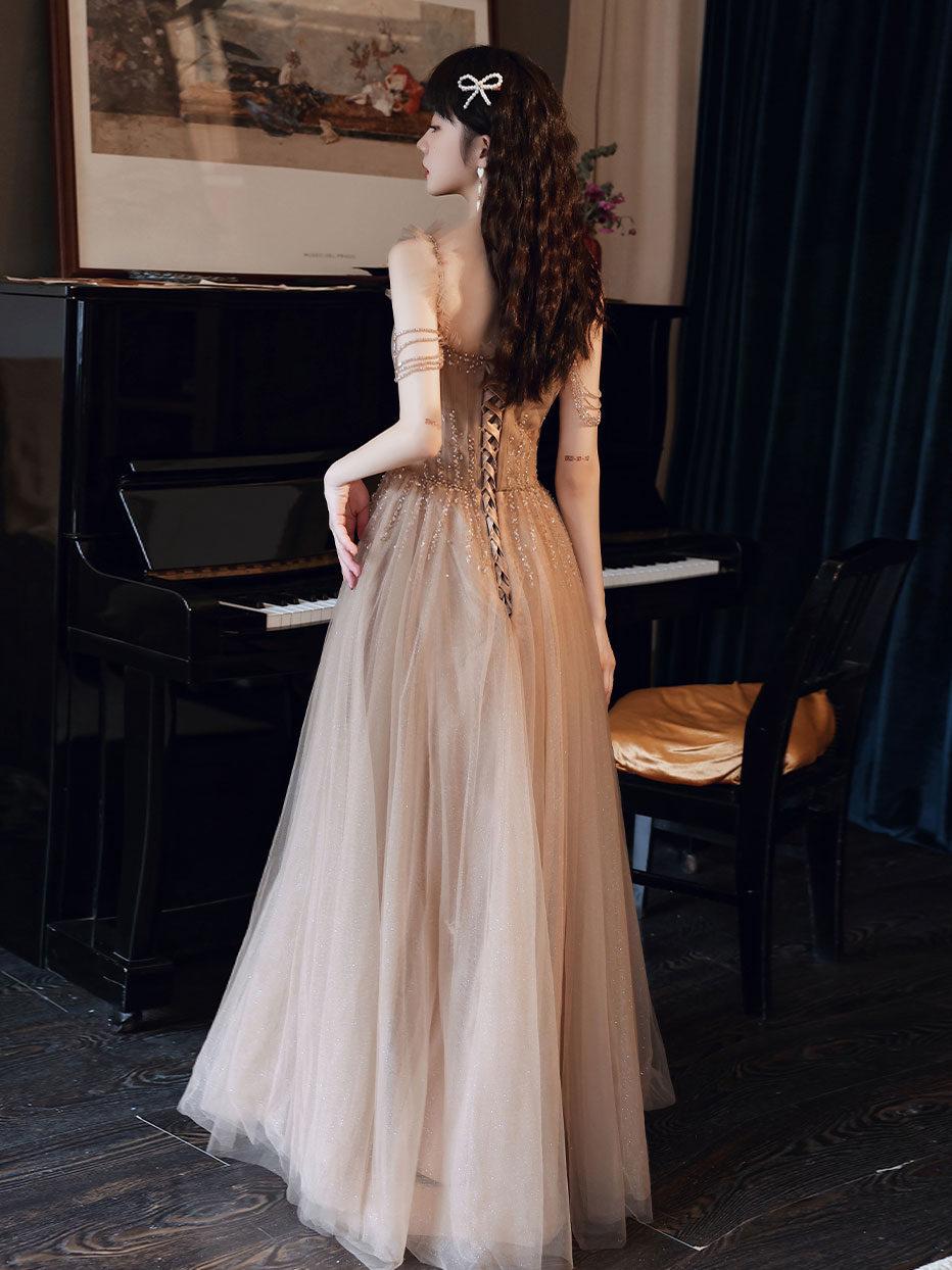Champagne tulle beads A line long prom dress, champagne evening dress