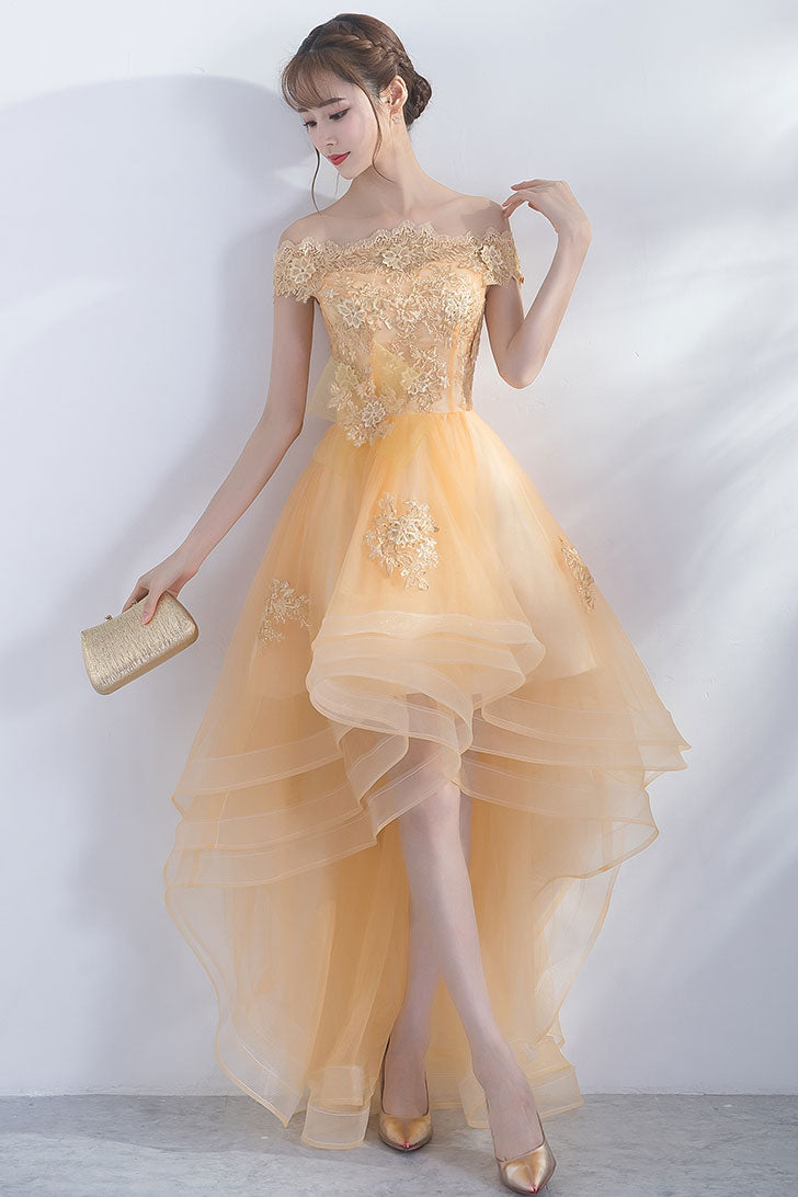 Cute champagne tulle high low prom dress, champagne homecoming dress