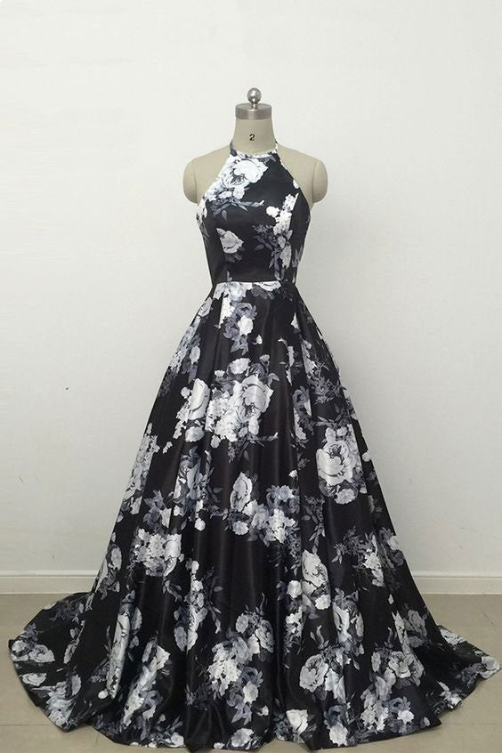 Black high neck satin long prom dress, black evening dress