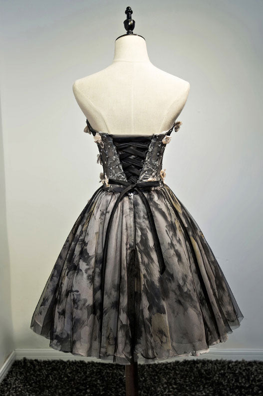 Black tulle lace short prom dress, black homecoming dress