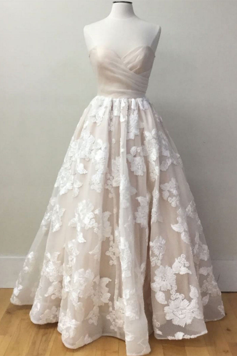 Champagne sweetheart lace tulle long prom dress, evening dress
