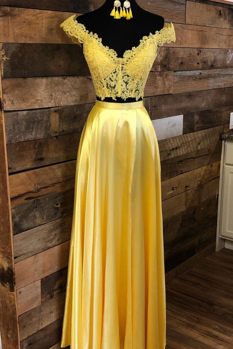 Yellow lace two pieces long prom dress yellow evening dress Yellow lace two pieces long prom dress yellow evening dress