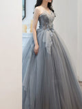 Gray sweetheart neck tulle long prom dress, gray tulle formal dress