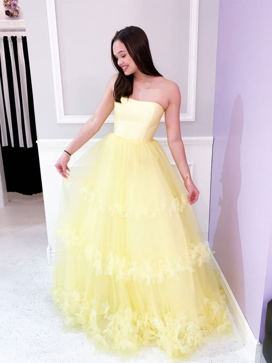 Yellow tulle 3d appliqué long prom dress, yellow evening dress