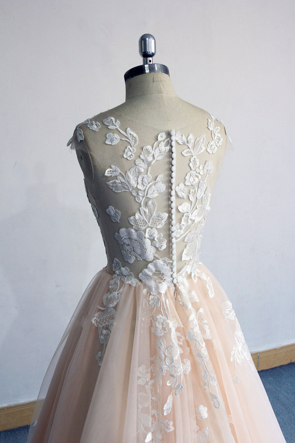 Champagne round neck tulle lace long prom dress, champagne evening dress