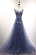 Unique v neck tulle beads long prom dress, tulle evening dress