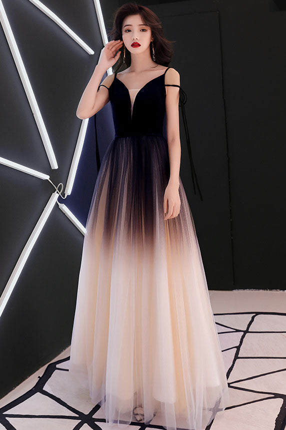 Unique black tulle long prom dress, black tulle evening dress