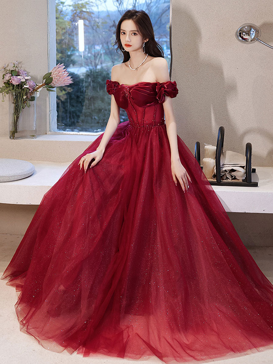 Burgundy off shoulder tulle long prom dress, burgundy evening dress dresstby Burgundy off shoulder tulle long prom dress, burgundy evening dress dresstby