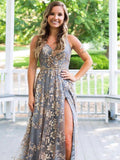 Unique v neck tulle sequin long prom dress, tulle evening dress