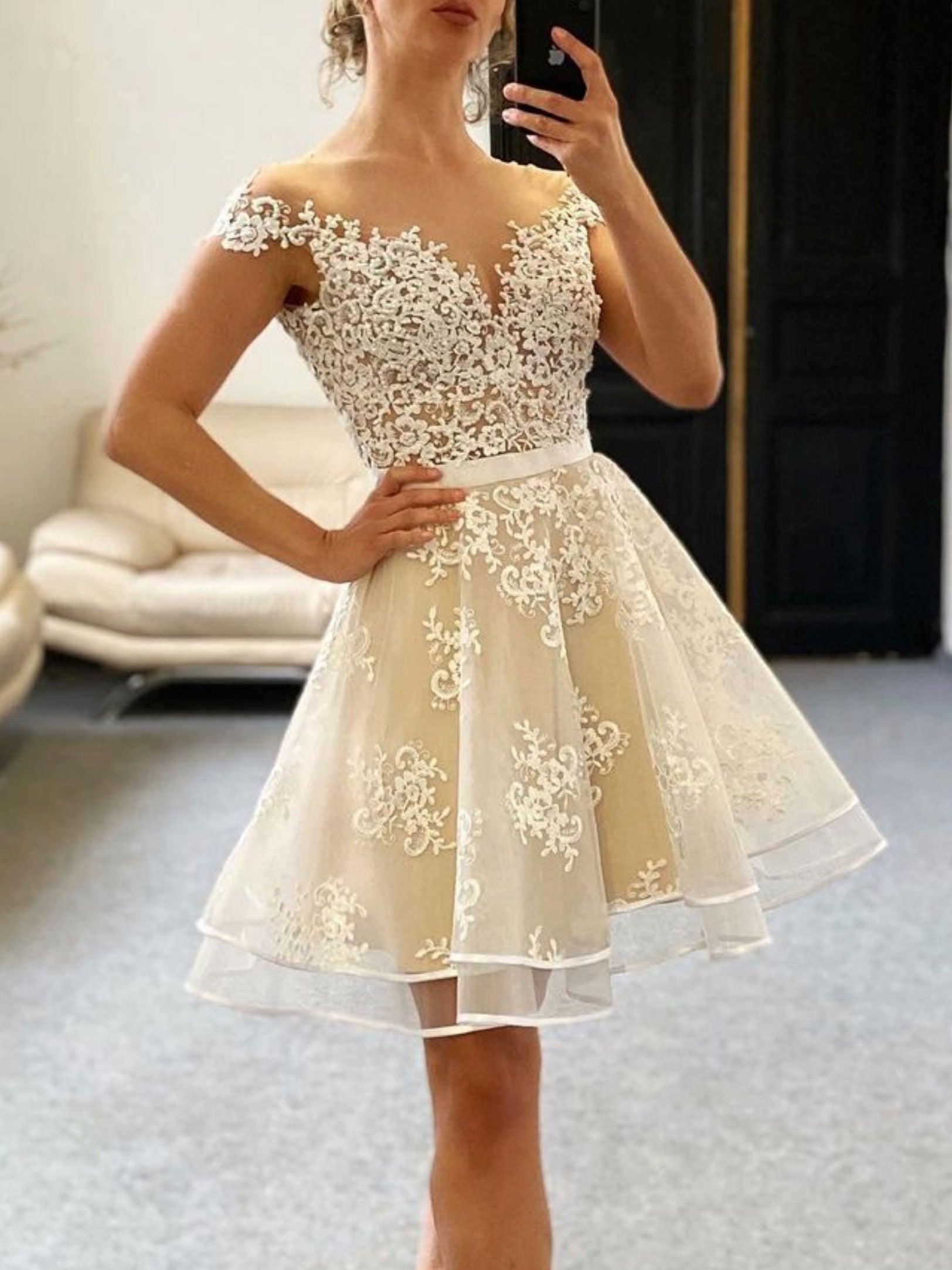 Champagne lace short prom dress, champagne lace cocktail dress dresstby Champagne lace short prom dress, champagne lace cocktail dress dresstby