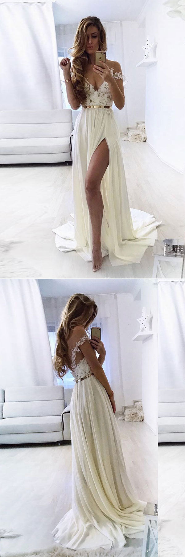 White sweetheart off shoulder lace chiffon long prom dress evening dress