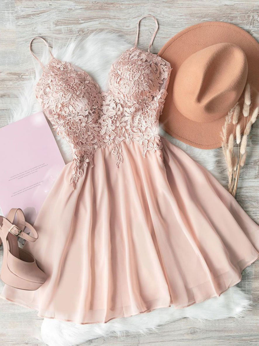 Pink sweetheart neck chiffon lace short prom dress lace homecoming dre Pink sweetheart neck chiffon lace short prom dress lace homecoming dre