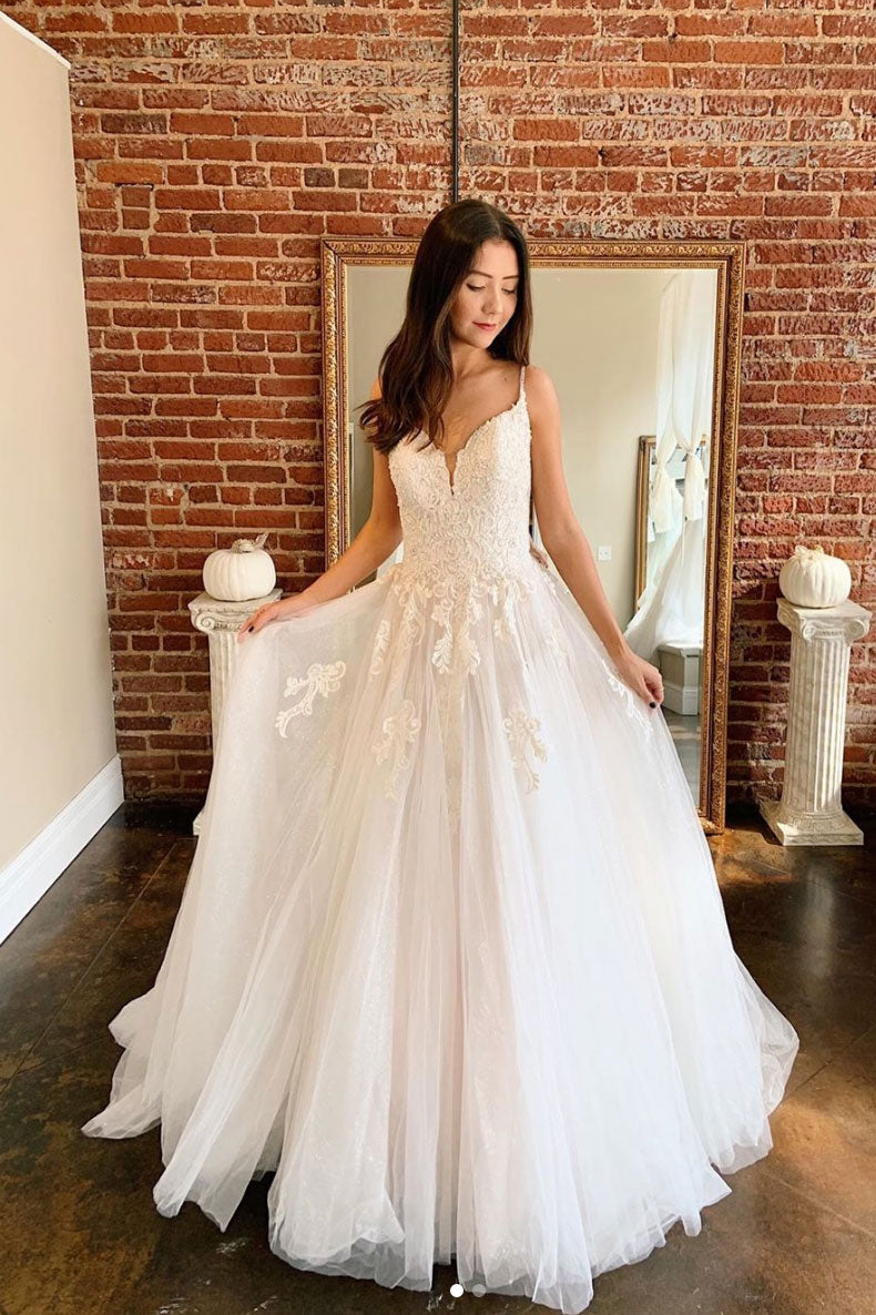 Light champagne A-line tulle lace long prom dress tulle lace formal dr dresstby Light champagne A-line tulle lace long prom dress tulle lace formal dr dresstby