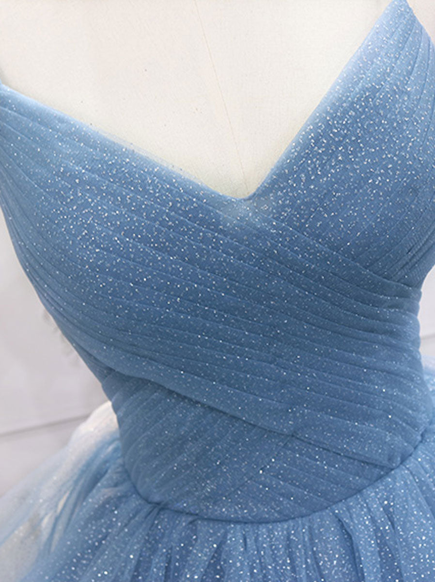 Blue tulle v neck sequin long prom dress, blue sweet 16 dress