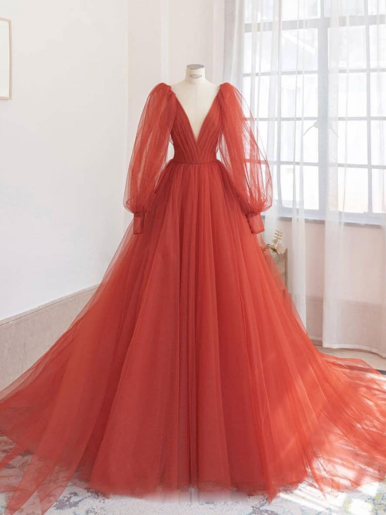 orange tulle maxi dress Gorgeous Orange V-Neck Floral Tulle Long Prom Dress FancyVestido