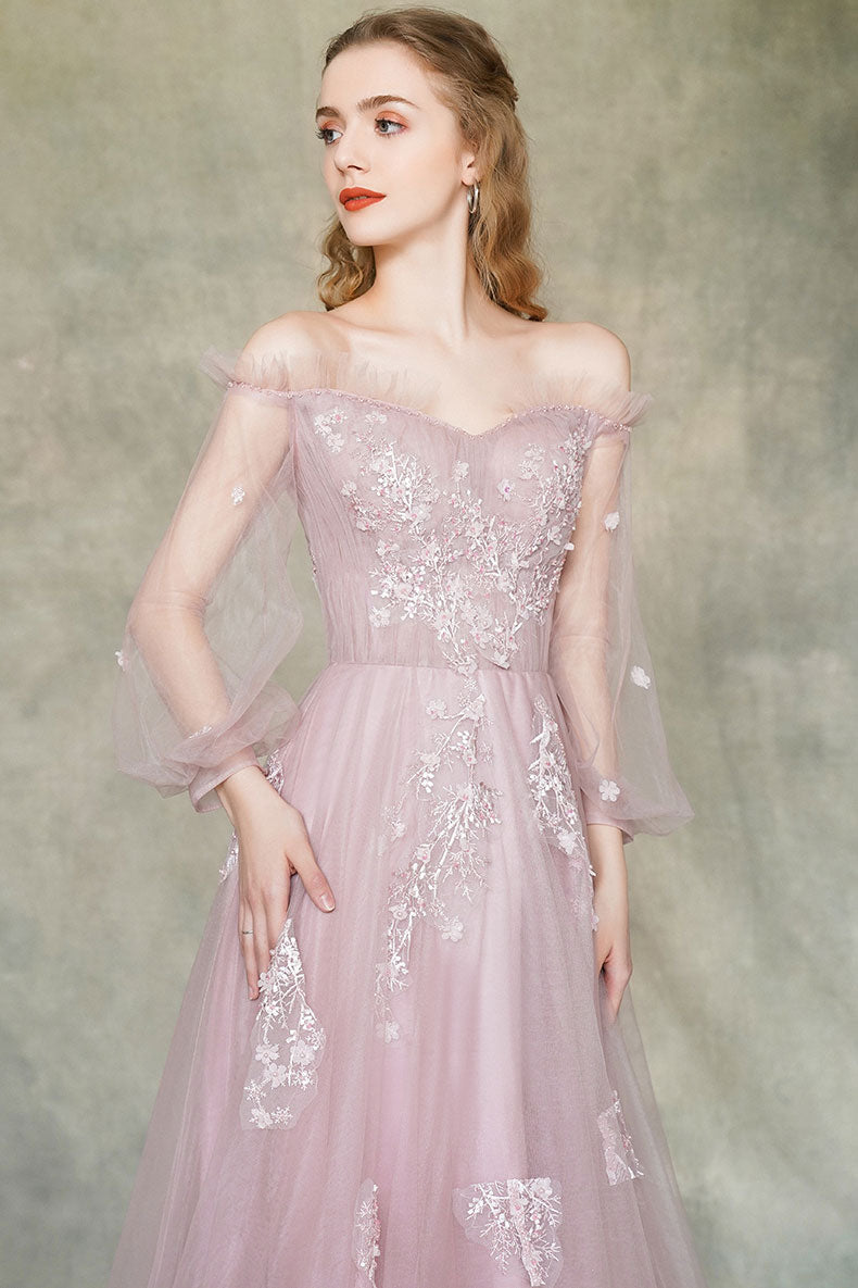 Pink tulle lace long prom dress pink tulle formal dress