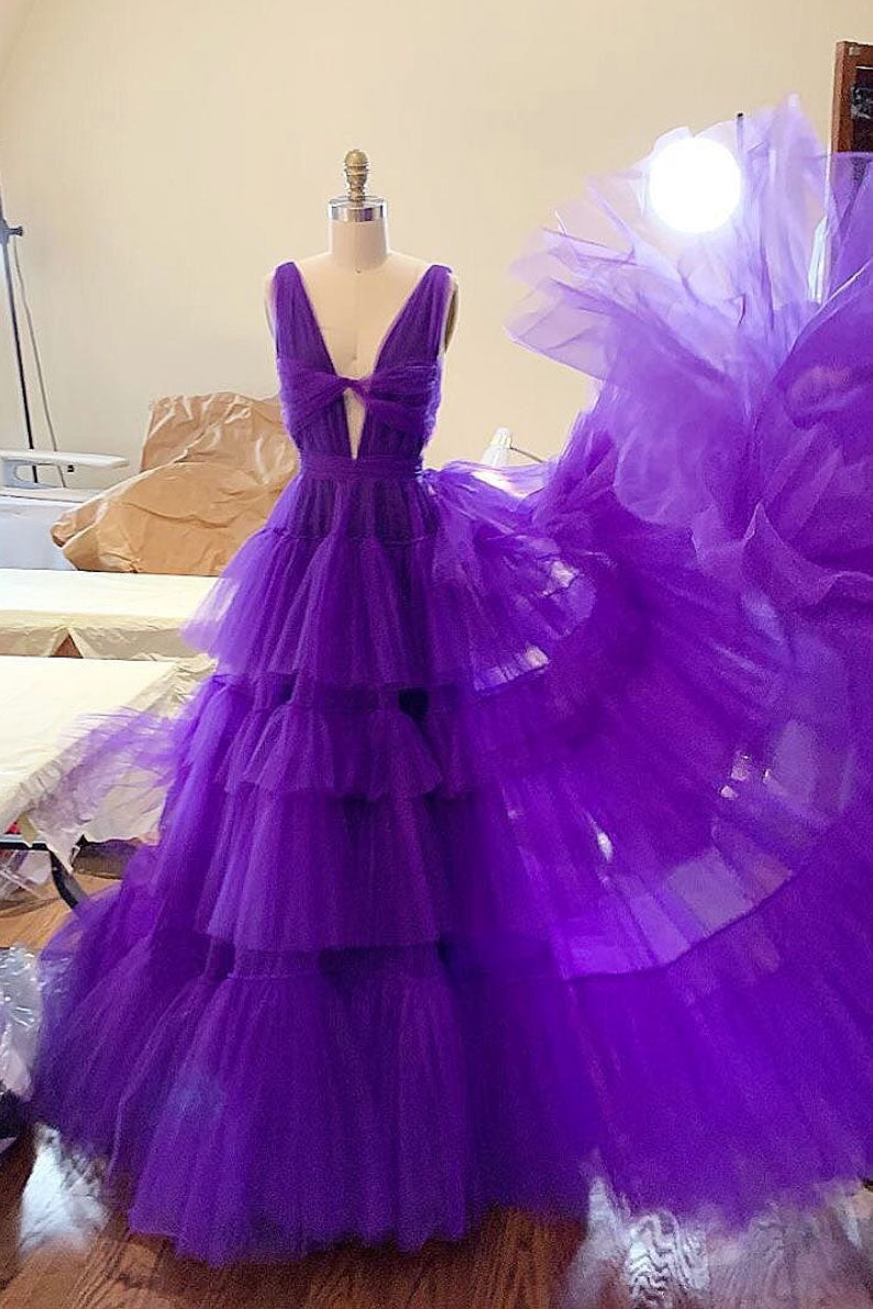 Purple tulle long prom dress, purple tulle evening dress