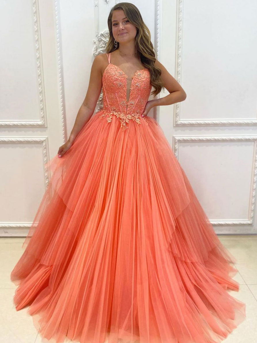 Orange tulle lace long prom dress, orange tulle evening dress dresstby Orange tulle lace long prom dress, orange tulle evening dress dresstby