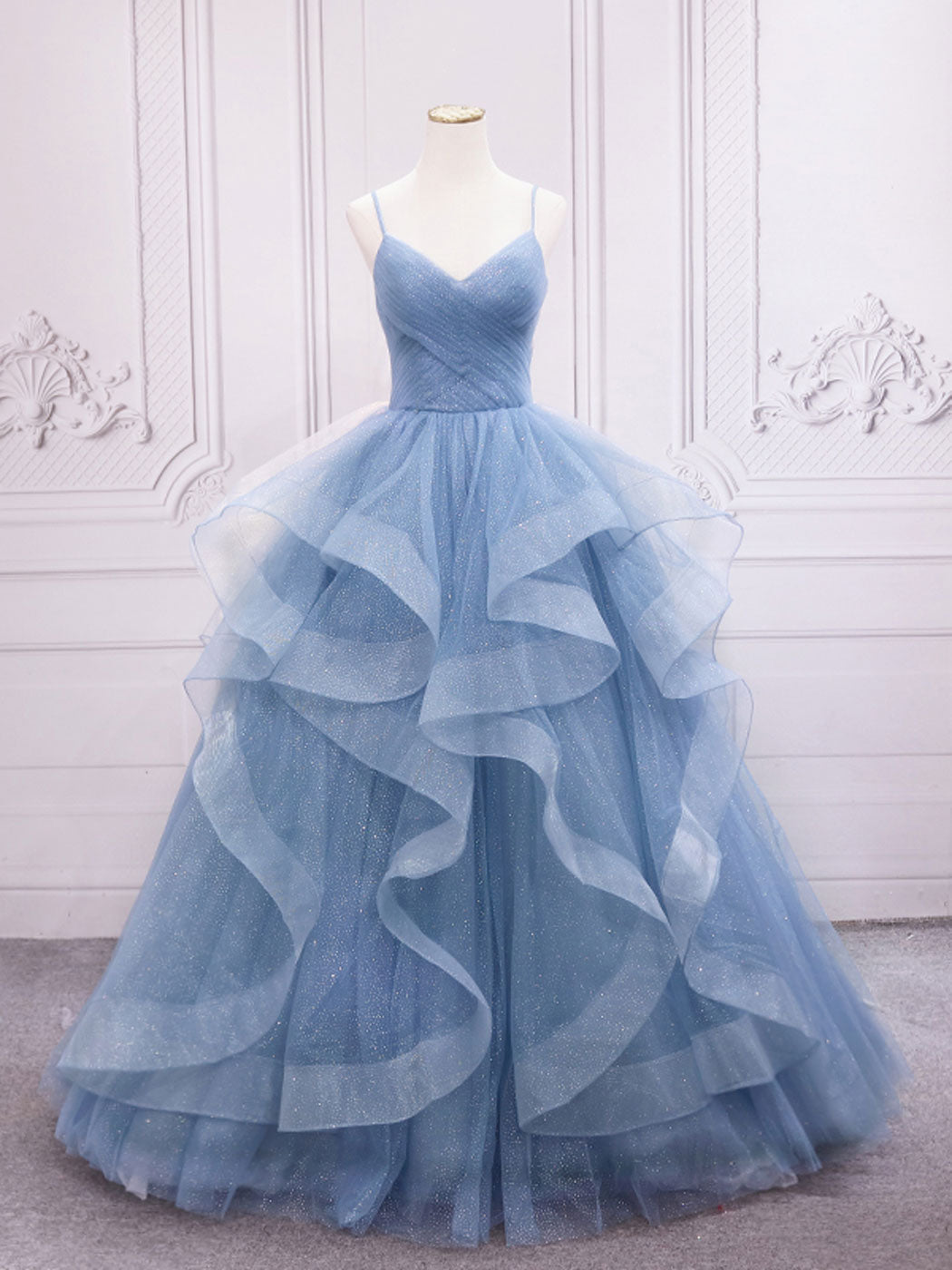 Blue tulle v neck sequin long prom dress, blue sweet 16 dress