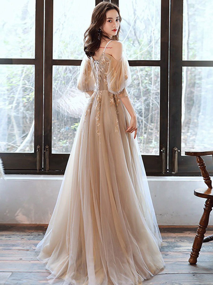 Champagne v neck tulle long prom dress, champagne evening dress