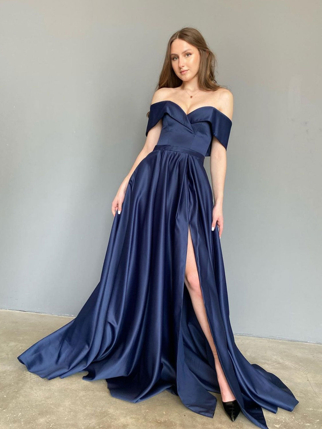 Simple blue off shoulder satin long prom dress, blue evening dress Simple blue off shoulder satin long prom dress, blue evening dress