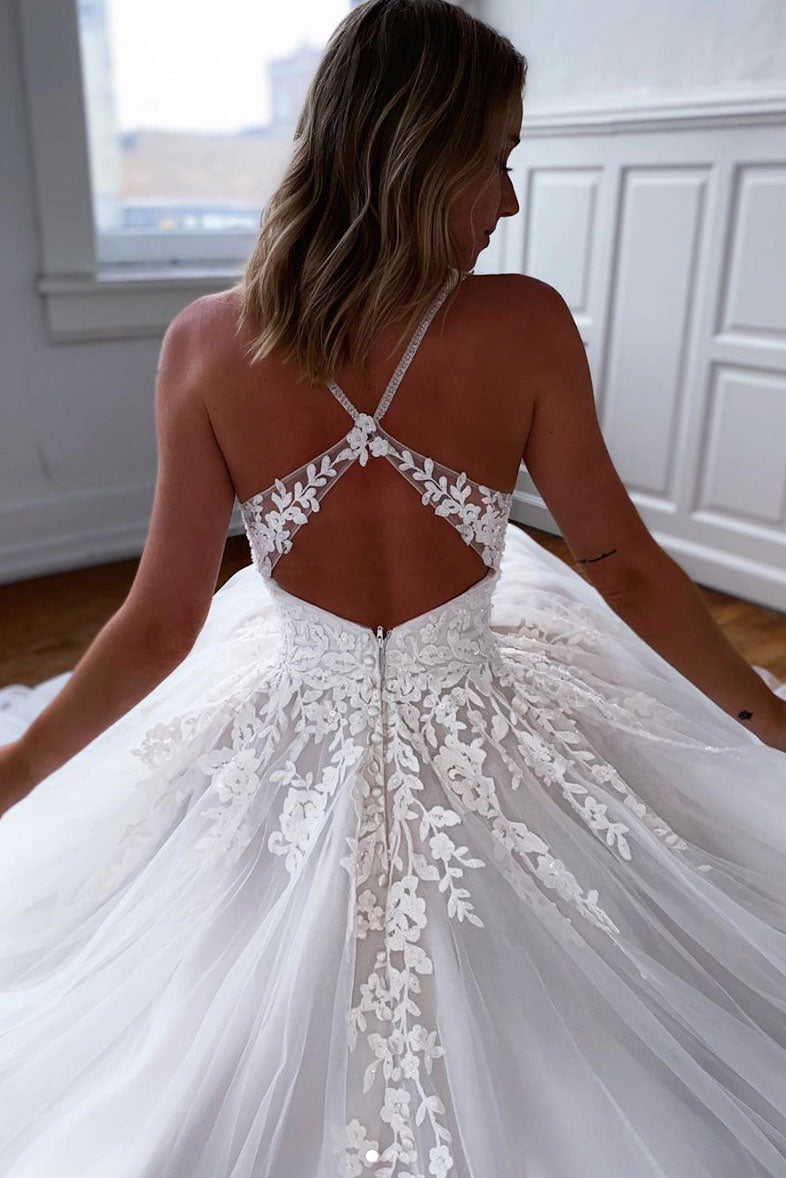 White v neck tulle lace long prom dress white formal dress