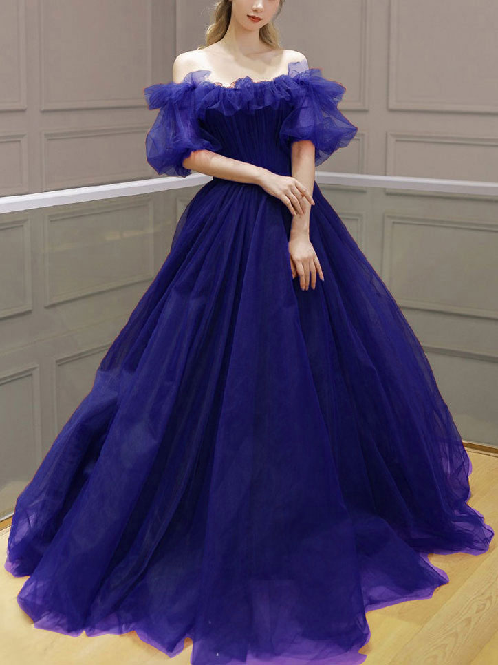 Burgundy tulle off shoulder long prom dress, burgundy evening dress