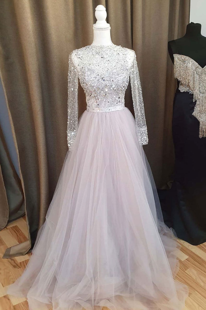 Gray tulle sequin long prom dress gray tulle sequin evening dress