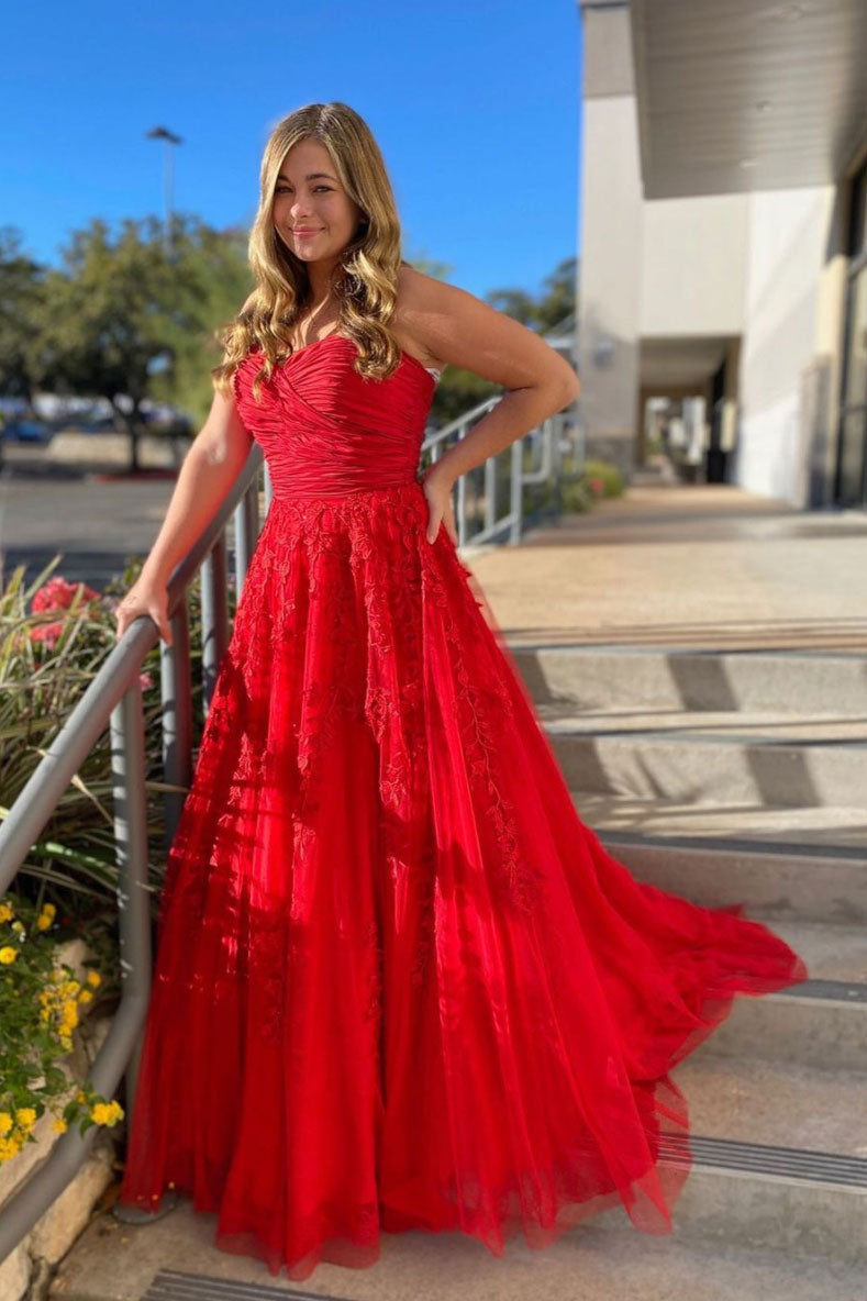 Red sweetheart neck tulle lace long prom dress red formal dress dresstby Red sweetheart neck tulle lace long prom dress red formal dress dresstby