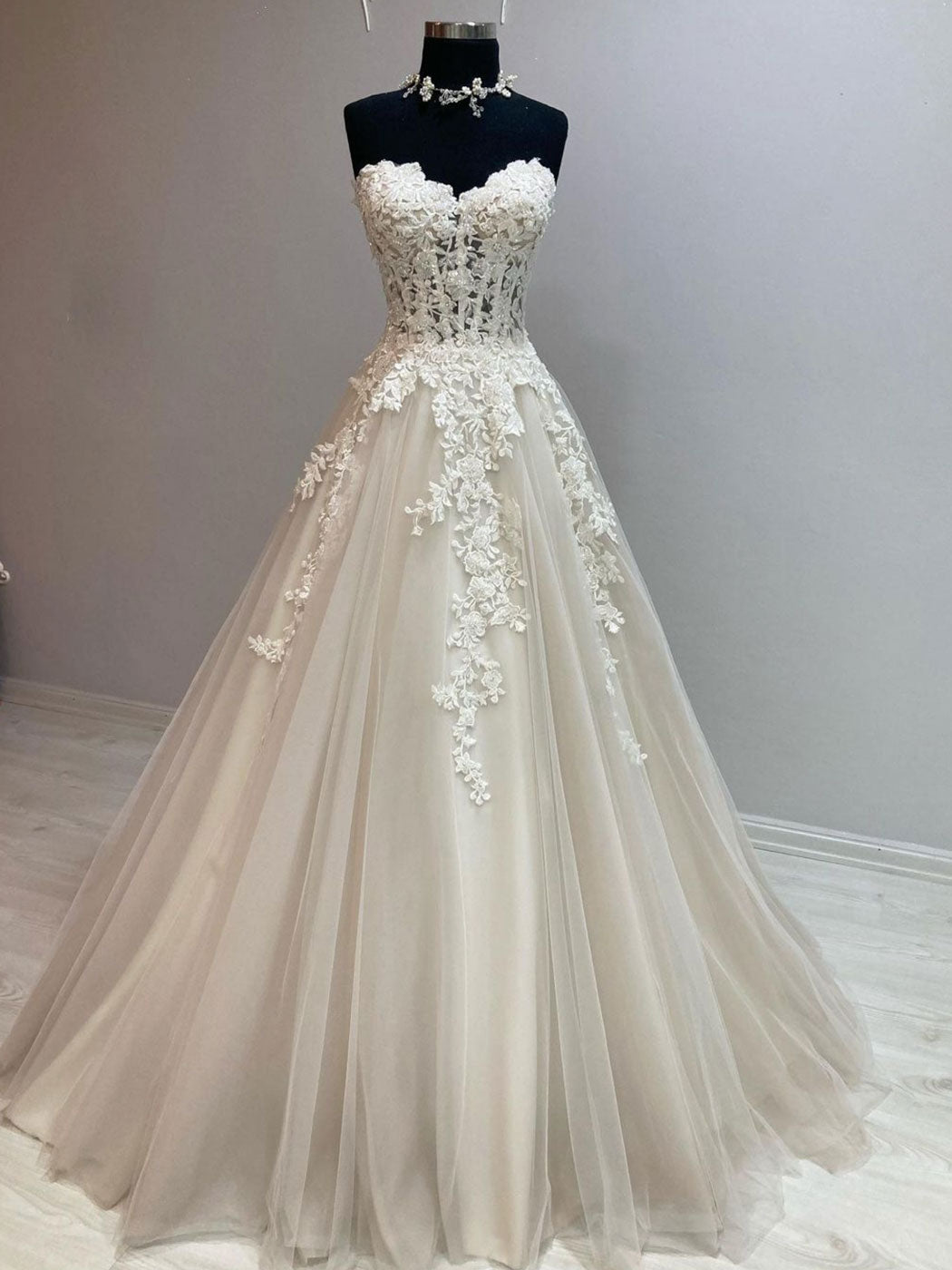 Ivory sweetheart neck tulle lace long prom dress, tulle formal dress dresstby Ivory sweetheart neck tulle lace long prom dress, tulle formal dress dresstby
