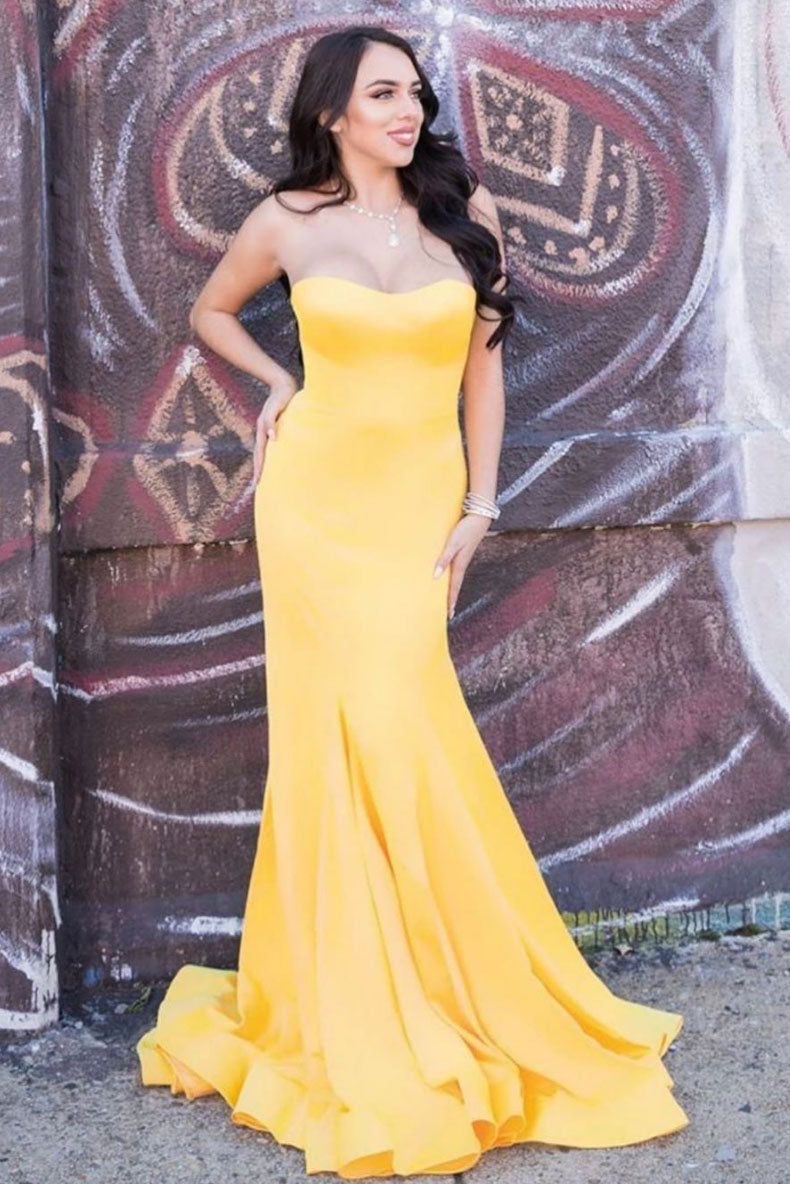Yellow satin mermaid long prom dress yellow formal dress dresstby Yellow satin mermaid long prom dress yellow formal dress dresstby