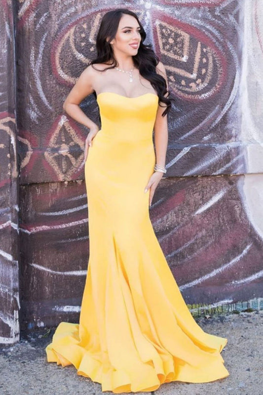 Yellow satin mermaid long prom dress yellow formal dress