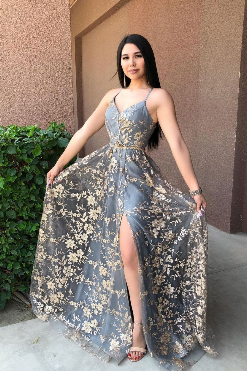 Gray blue lace long prom dress gray blue evening dress