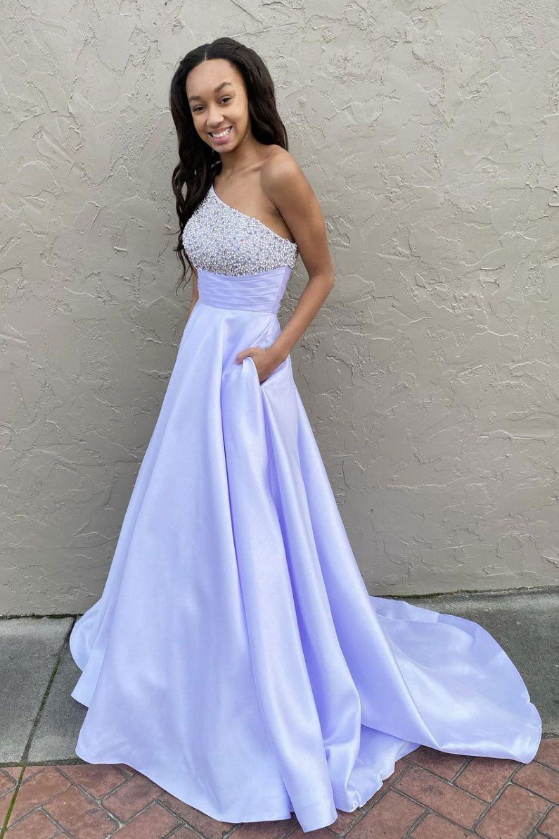 Purple one shoulder satin beads long prom dress satin formal dress