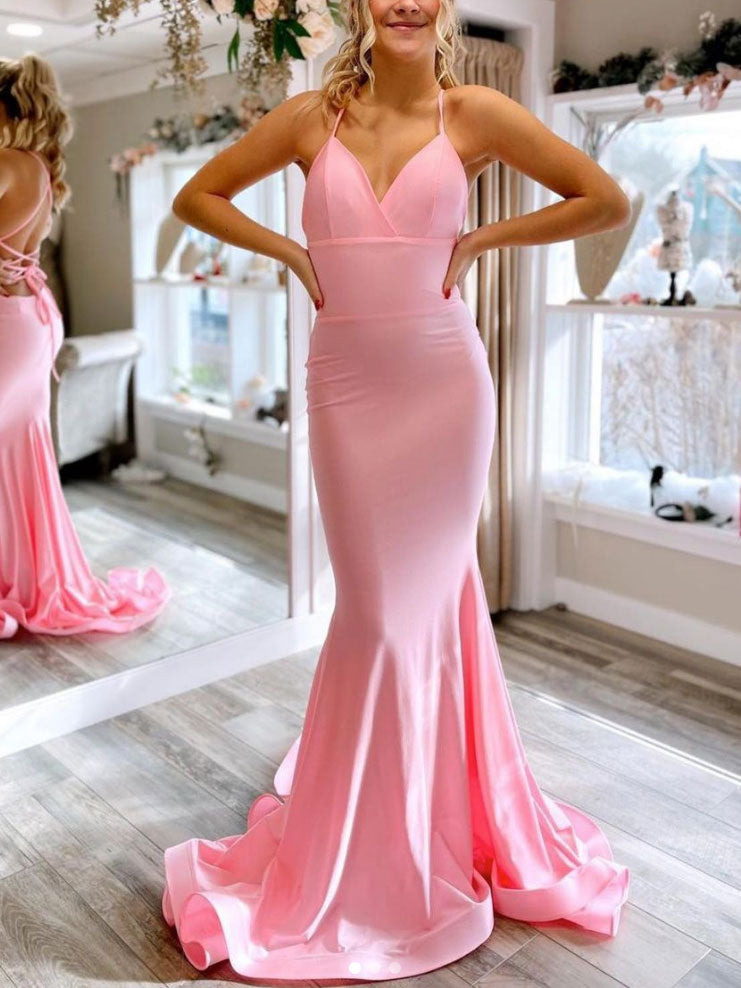 Simple pink satin mermaid long prom dress, pink evening dress Simple pink satin mermaid long prom dress, pink evening dress