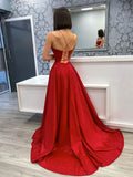 Simple burgundy satin long prom dress, evening dress