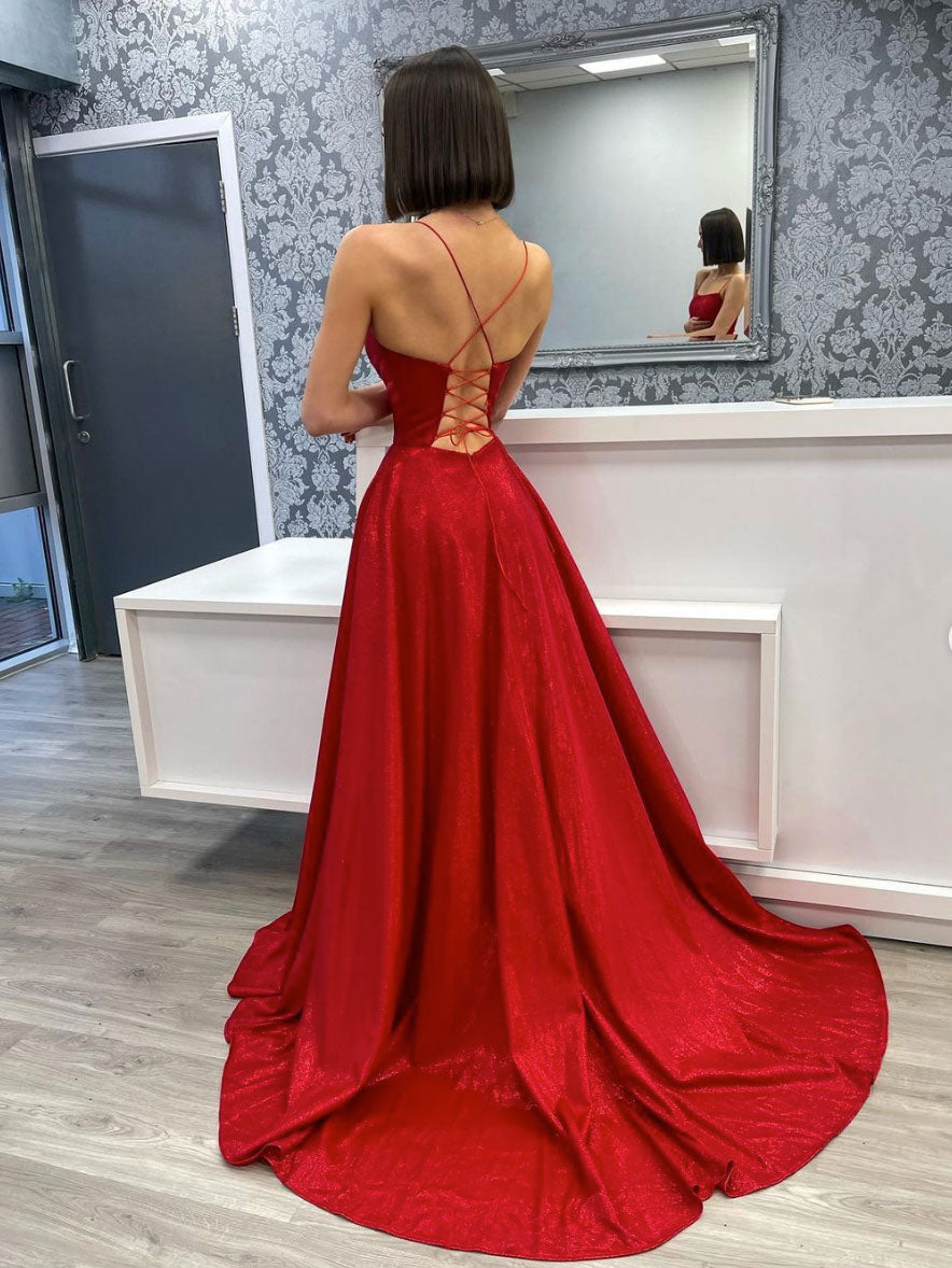 Simple burgundy satin long prom dress, evening dress