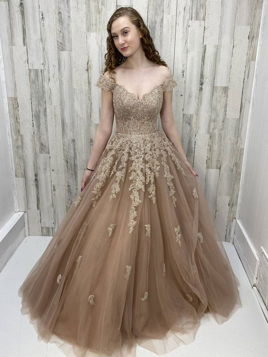 Champagne off shoulder tulle lace long prom dress, lace evening dress dresstby Champagne off shoulder tulle lace long prom dress, lace evening dress dresstby