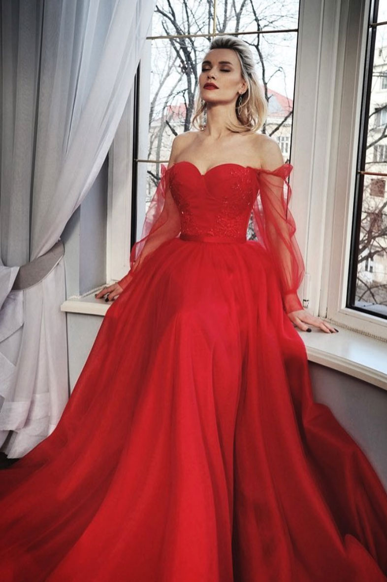 Red tulle long prom dress red tulle formal dress