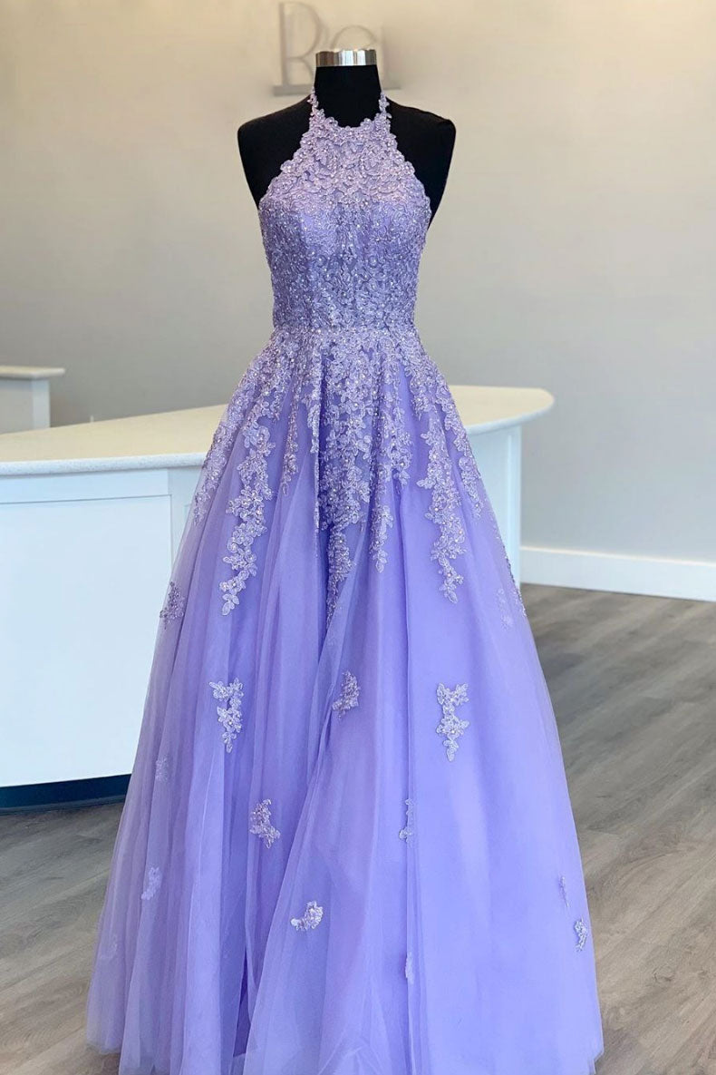 Purple tulle high neck lace long prom dress purple evening dress dresstby Purple tulle high neck lace long prom dress purple evening dress dresstby