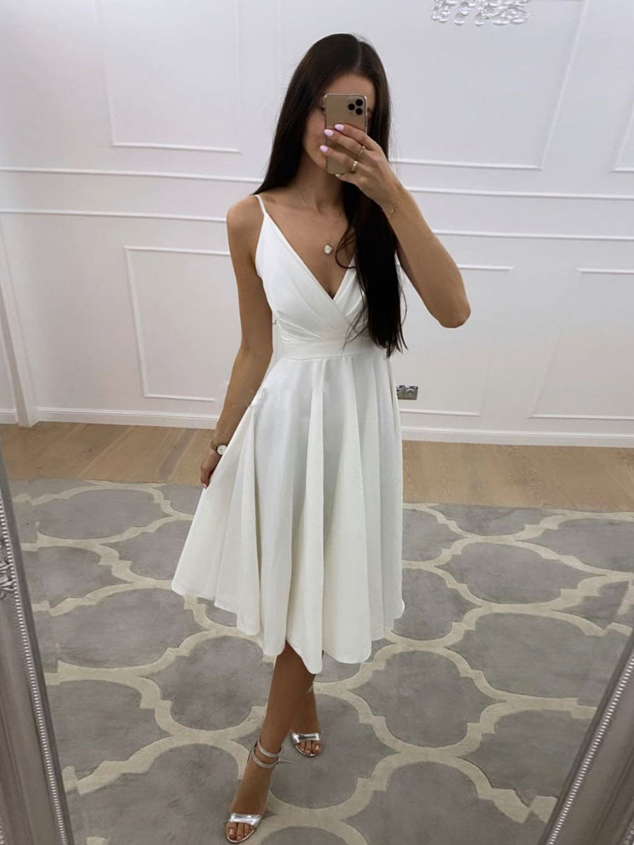 Simple white v neck short prom dress, white homecoming dress dresstby Simple white v neck short prom dress, white homecoming dress dresstby